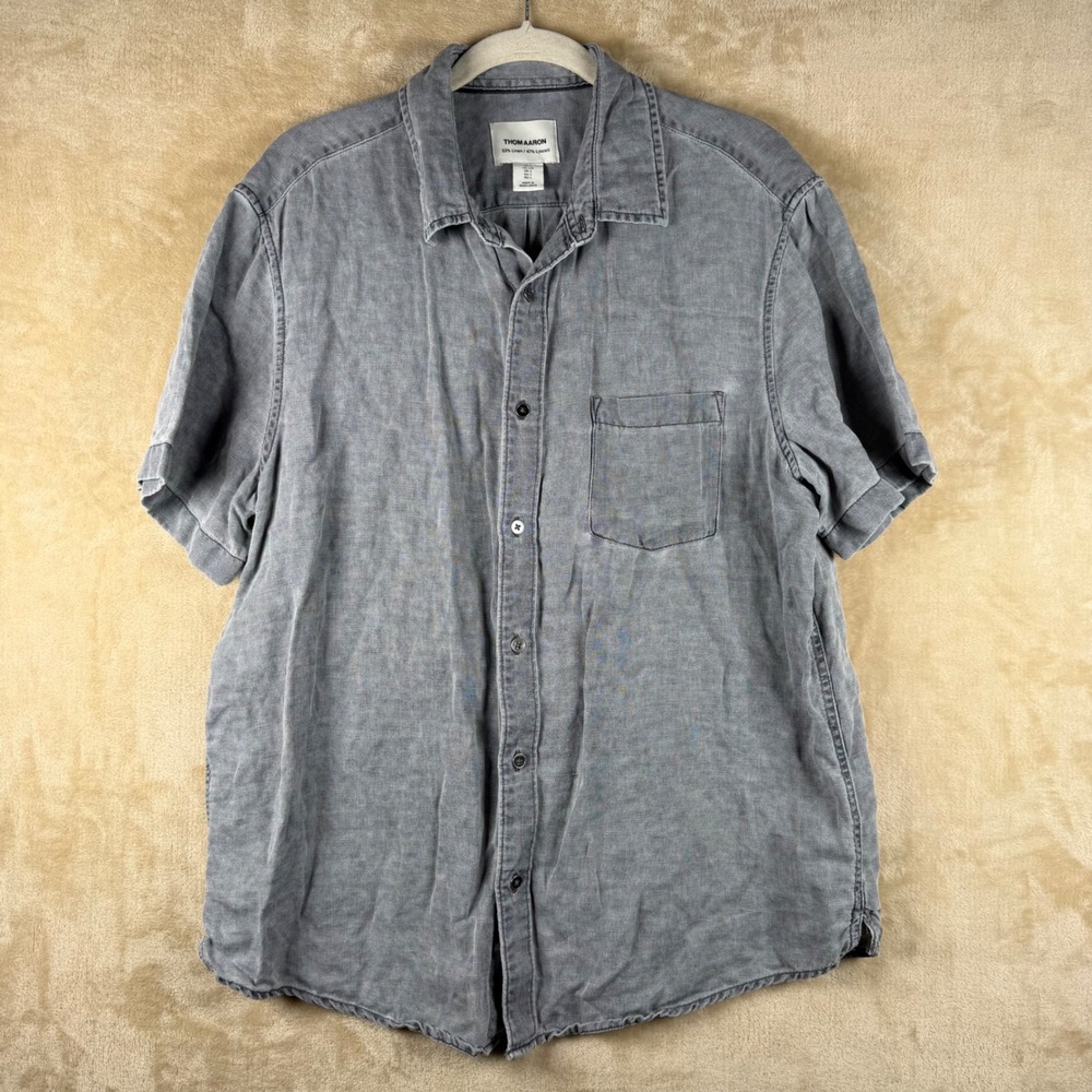 Thom Aaron Mens Grey Linen Lyocell Blend Short Sleeve Button Down Shirt‎ Large
